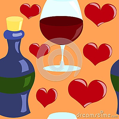 Seamless vector pattern with hearts and wine Vector Illustration